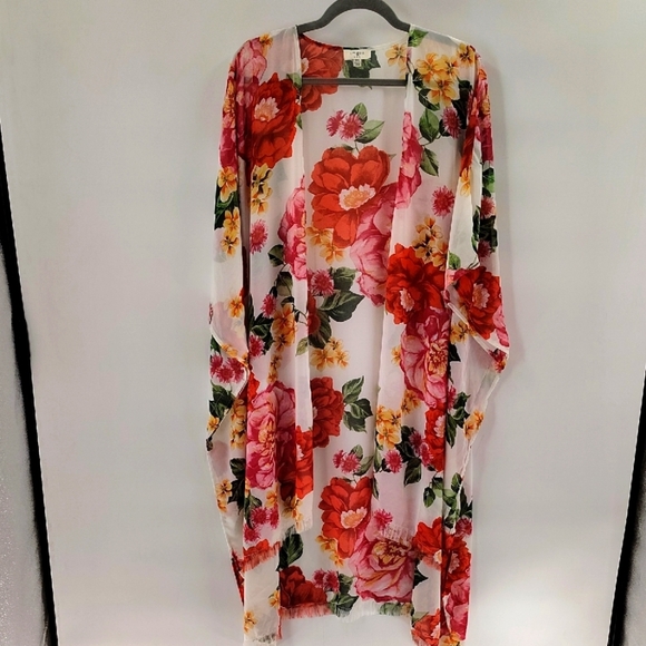 Umgee Floral Sheer Duster Size Medium Large Pink Red Raw Hem - Picture 1 of 8